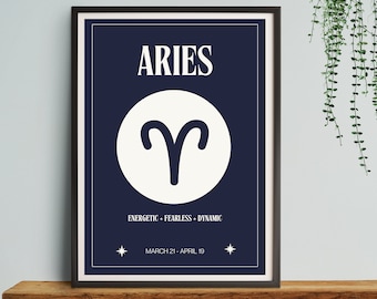 Aries Star Sign Navy Print | Astrological Bedroom Decor (Digital Download)