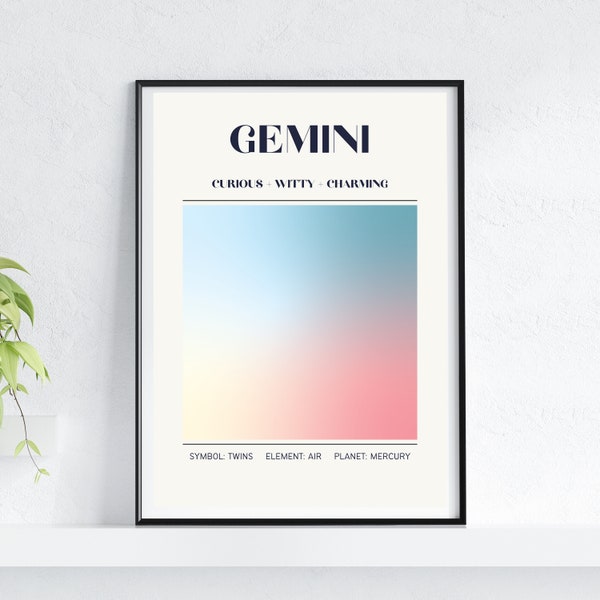 Gemini Aura Gradient Zodiac Print | Astrological Sign Poster | Celestial Bedroom Decor | Unique Gemini Gift Idea