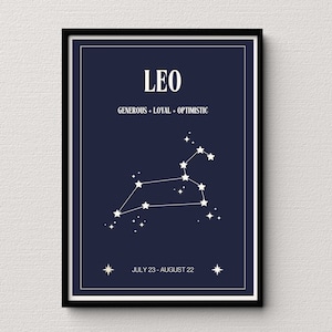 Leo Star Map Navy Impresión digital / Cartel de signos astrológicos / Decoración del dormitorio celestial / Idea única de regalo Leo
