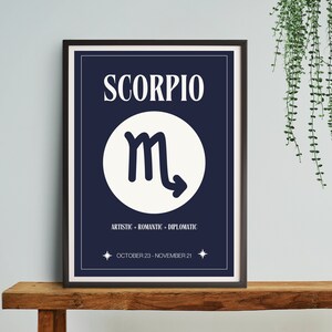 Escorpio Star Sign Navy Impresión digital / Cartel de signos astrológicos / Decoración del dormitorio celestial / Idea única de regalo de Escorpio