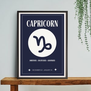 Capricornio Star Sign Navy Impresión digital / Cartel de signo astrológico / Decoración del dormitorio celestial / Idea única de regalo de Capricornio