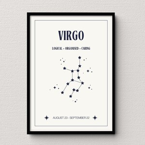 Impressão digital creme do mapa estelar de Virgem | sinal astrológico pôster | Decoração Celestial do Quarto | Ideia única para presente de Virgem