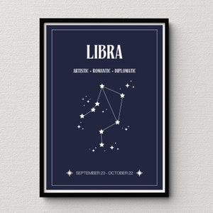 Libra Star Map Navy Impresión digital / Cartel de signos astrológicos / Decoración del dormitorio celestial / Idea de regalo única de Libra