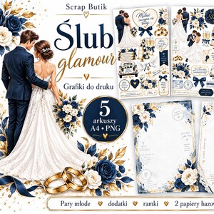 Glamorous wedding - printable wedding graphics, 5 A4 PNG sheets, bride and groom, frames, Polish inscriptions and scrapbooking papers