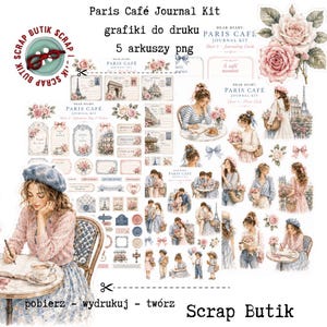 Może przedstawiać: Cyfrowy zestaw do scrapbookingu zatytułowany Paris Café Journal Kit zawierający pięć arkuszy grafik do druku. Kolekcja obejmuje ilustracje osób w paryskich sceneriach, motywy kwiatowe, pocztówki w stylu vintage, zawieszki oraz etykiety z tekstem.