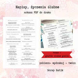 Peut inclure: Une feuille PDF imprimable avec des vœux et des citations de mariage en polonais. La feuille est divisée en sections avec différentes phrases comme "Deux âmes, un cœur" et "L'amour est votre plus grande aventure". La feuille comprend également une section bonus avec des graphismes de mariage gratuits.