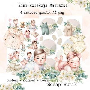 AFDRUKBARE GRAFIEKEN – Baby Shabby Chic | 4 vellen PNG A4 | Scrapbook, kaarten, albums, dozen