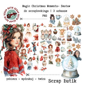 May include: A collection of watercolor Christmas-themed scrapbook elements. The image features illustrations of women, snow globes, cupcakes, and festive decorations. Text includes "Magic Christmas Moments" and "Scrap Butik".