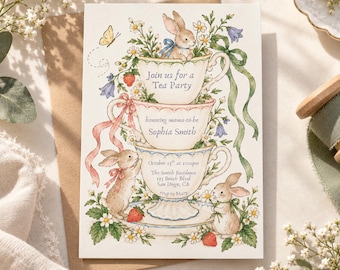 Tea Party Baby Shower Invitation Template, Bunny Baby Shower Invite, Watercolor Garden Party Invitation, Editable Canva
