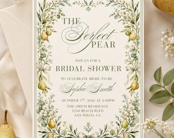 Perfect Pear Bridal Shower Invitation Template | Editable Canva Bridal Shower Invite | Pear Theme Wedding Shower Invitation