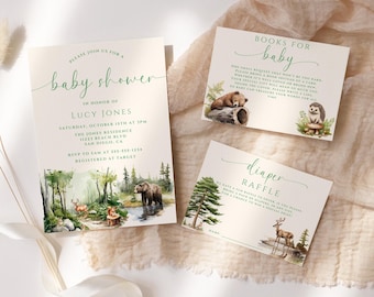 May include: A set of three cards for a baby shower with a woodland theme. The cards are decorated with watercolor illustrations of a bear, a deer, and a squirrel in a forest setting. The text on the cards reads "Books for Baby", "Diaper Raffle", and "Please join us for a baby shower".