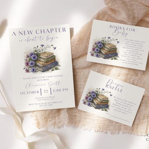 Un nuevo capítulo está por comenzar Plantilla de invitación para baby shower, baby shower de cuento de hadas, género neutro, invitación para baby shower, tarjetas insertables