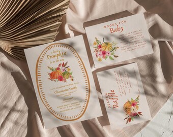 Invitación para baby shower de "Una pequeña calabaza": Tema de calabaza otoñal (plantilla de Canva)