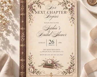 Her Next Chapter Bridal Shower Invitation Template, Book Themed Bridal Shower Invite, Vintage Literary Bridal Invitation, Editable Canva