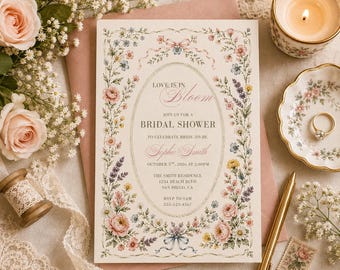 Love Is in Bloom Bridal Shower Invitation Template | Vintage Floral Garden Party Invite | Editable Canva Bridal Shower Invitation