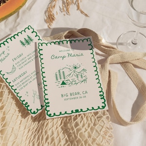 Camp Bach Invitation Template, Bachelorette Invite and Itinerary, Bach Party, Outdoors, Camping, Camp Bachelorette, Hiking, Green, Whimsical