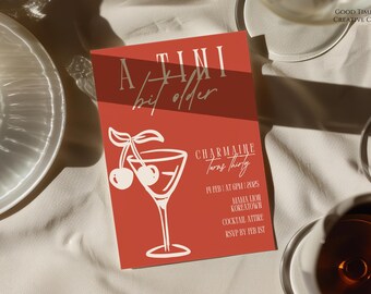 Plantilla de invitación de cumpleaños de A Tini Bit Older, fiesta temática de cerezas y martini, cena de cumpleaños de niñas, Dirty Thirty Martini, salida nocturna de chicas