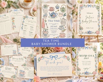 Tea Party Baby Shower Bundle, Editable Canva Template, Baby Shower Games, Invitation, Welcome Sign, Printable Tea Time Shower Decor
