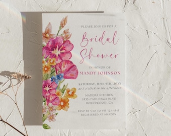 Plantilla de invitación para despedida de soltera con flores silvestres: Floral colorido (descarga instantánea)