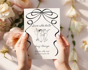 Invitación de boda dibujada a mano para guardar la fecha: Plantilla con garabatos originales