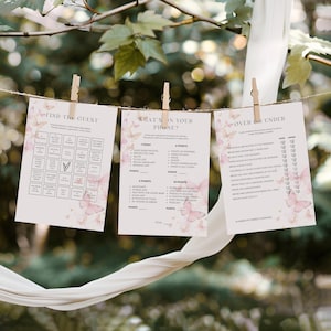 Paquete de juegos para despedida de soltera, tarjetas de juego "Lifetime of Butterflies", juegos imprimibles para fiesta en el jardín de despedida de soltera, divertidos juegos de despedida de soltera Bridgerton
