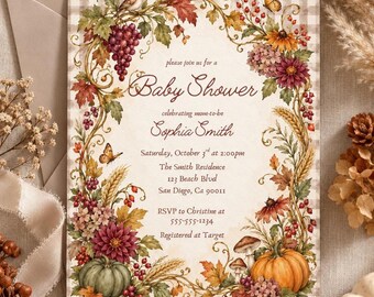 Fall Baby Shower Invitation Template, Pumpkin Baby Shower Invite, Autumn Baby Shower Invite, Rustic Woodland Baby Shower, Editable Template