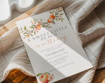 Invitación para baby shower con temática de melocotón (plantilla de Canva)