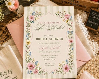 Fresh Off the Market Bridal Shower Invitation Template | Farmers Market Bridal Shower Invite | Floral Garden Party Canva Template