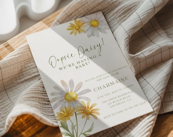 Invitación para baby shower "Oopsie Daisy": tema floral primaveral (plantilla Canva de 5 x 7 pulgadas, descarga digital)