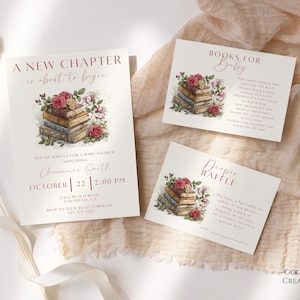 Un nuevo capítulo está por comenzar Plantilla de invitación para baby shower, baby shower de cuento de hadas, género neutro, invitación para baby shower, tarjetas insertables
