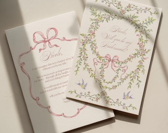 Plantilla de tarjeta de propuesta para damas de honor de estilo vintage: Detalles de la boda (Canva), Rosa, Elegante, Editable, Fiesta del té, Floral