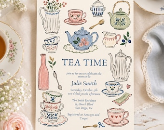 Tea Time Baby Shower Invitation, Editable Canva Tea Party Invite, Vintage Teacup Baby Shower Template, Floral 5x7 Invitation