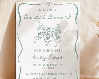 Bridal Shower Brunch Invitation Template, Wedding Shower, Whimsical, Illustration, Sage, Floral, Handwritten Quirky Invitation, Editable