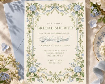 Blue Hydrangea Bridal Shower Invitation, Editable Canva Template, Vintage Floral Bridal Shower Invite, Garden Party, Printable 5x7 Invite