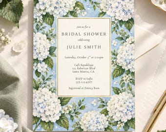 Hydrangea Bridal Shower Invitation Template, Blue Floral Bridal Shower Invite, Editable Canva Invitation, 5x7 Instant Download