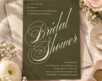 Olive Green Bridal Shower Invitation, Minimalist Bridal Shower Invite, Elegant Script Canva Template, Modern Bridal Shower, Printable 5x7