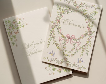 Plantilla de tarjeta de propuesta para damas de honor de estilo vintage: Detalles de la boda (Canva), Rosa, Elegante, Editable, Fiesta del té, Floral