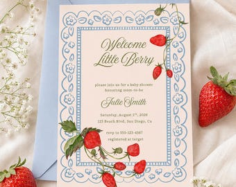 Little Berry Baby Shower Invitation, Strawberry Baby Shower Template, Editable Canva Invite, Vintage Berry Baby Shower