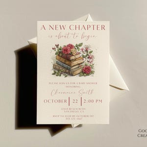 Un nuevo capítulo está por comenzar Plantilla de invitación para baby shower, baby shower de cuento de hadas, género neutro, invitación para baby shower, tarjetas insertables