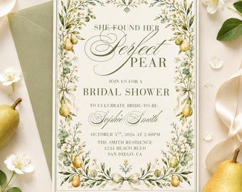 She Found Her Perfect Pear Bridal Shower Invitation Template | Editable Canva Bridal Shower Invite | Pear Theme Wedding Shower Invitation