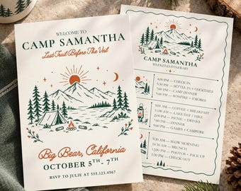 Camp Bachelorette Invitation & Itinerary Template, Last Trail Before the Veil, Mountain Bach Weekend, Cabin Glamping Invite, Editable Canva