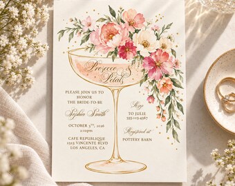 Petals and Prosecco Bridal Shower Invitation, Pink Floral Bridal Shower Invite, Editable Canva Template, Champagne Brunch Invite