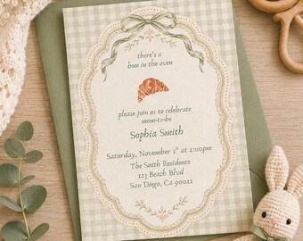 Bun in the Oven Baby Shower Invitation Template | Croissant Baby Shower Invite | Gender Neutral Baby Shower | Editable Canva Template