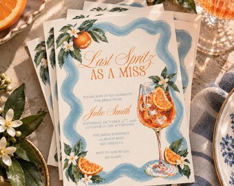 Last Spritz as a Miss Bridal Shower Invitation Template | Aperol Spritz Bridal Invite | Italian Citrus Bridal Shower | Editable Canva Invite
