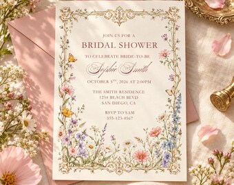 Vintage Floral Bridal Shower Invitation, Wildflower Garden Party Invite, Romantic Botanical Bridal Shower, Editable Canva Template, 5x7