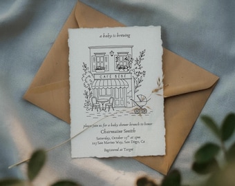 Invitación para baby shower "Un bebé está en desarrollo": Cafetería, temática francesa (plantilla de Canva)
