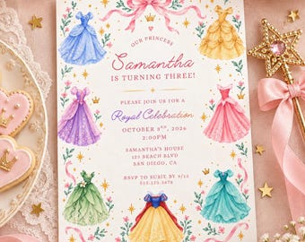 Princess Birthday Invitation Template, Watercolor Princess Dress Invite, Royal Celebration Birthday, Editable Canva 5x7 Invitation