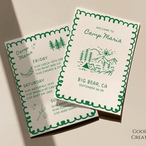 Camp Bach Invitation Template, Bachelorette Invite and Itinerary, Bach Party, Outdoors, Camping, Camp Bachelorette, Hiking, Green, Whimsical