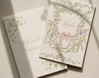 Plantilla de tarjeta de propuesta para damas de honor de estilo vintage: Detalles de la boda (Canva), Rosa, Elegante, Editable, Fiesta del té, Floral