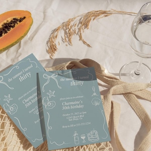 Plantilla de invitación de cumpleaños costera, El verano en el que me volví bonita, Treinta, Tema de playa, Cumpleaños de verano, Plantilla de invitación editable, Canva
